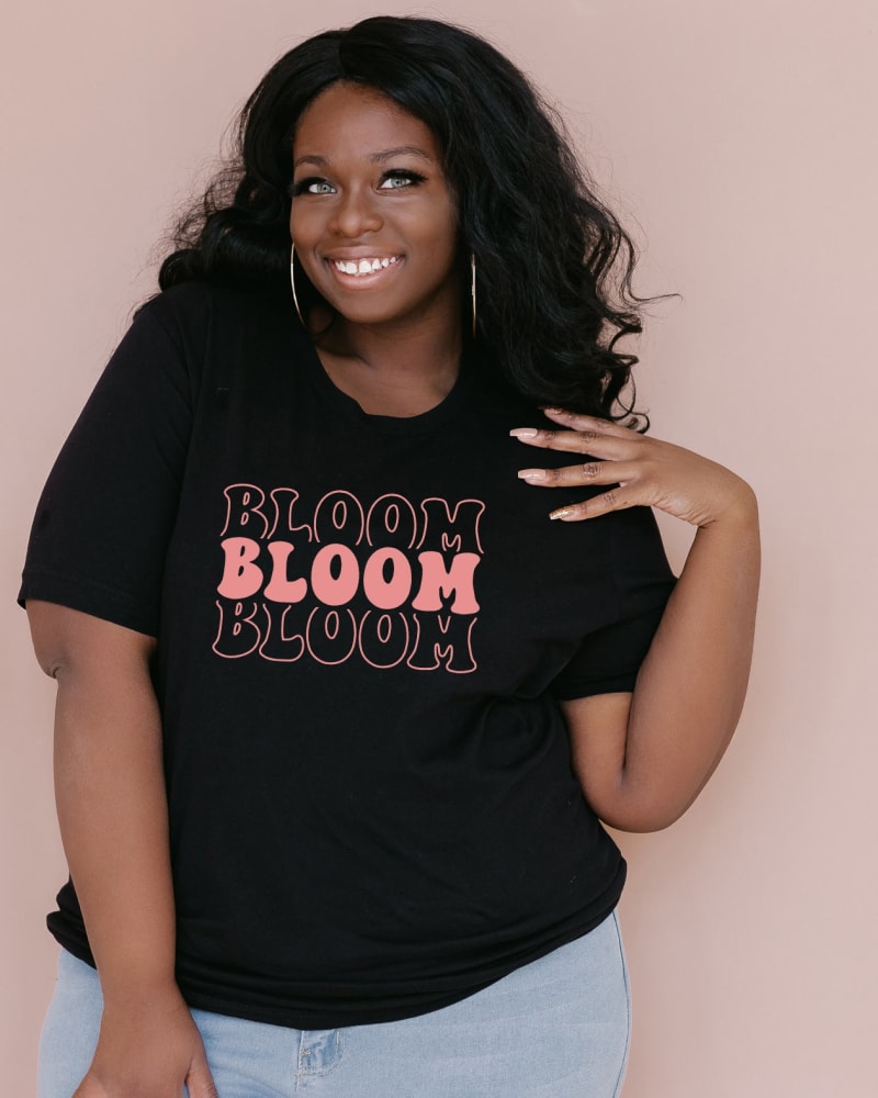 Front of a model wearing a size Large Bloom Stacked Colorful in Black by Simply Sage Market. | dia_product_style_image_id:281418